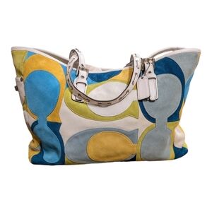 Coach Multicolor Suede Patchwork Tote - Blue, Yellow, Cream, White